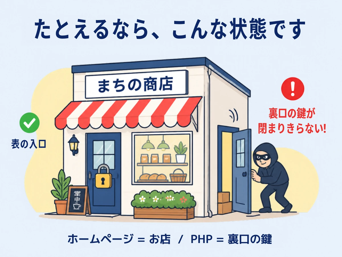 お店にたとえたイラスト。表の入口には鍵がかかっているが、裏口の鍵が閉まりきらず、怪しい人がのぞいている