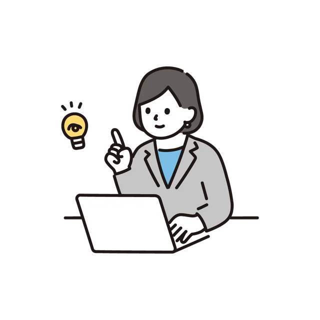 ひらめいた様子でパソコンを使う人のイラスト